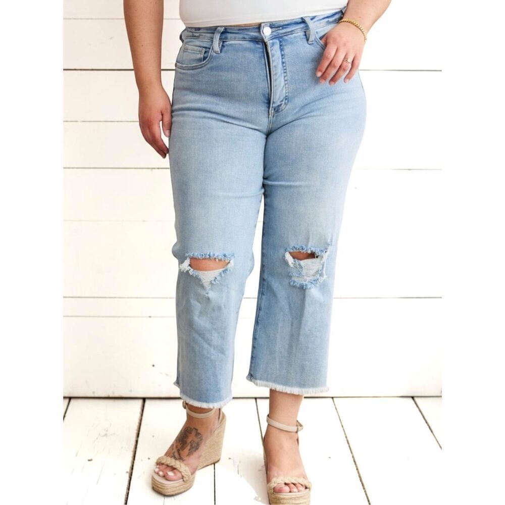 High Rise Tummy Control Cropped Jeans Distressed Light Wash Raw Hem Stretch RFM - Picture 3 of 10